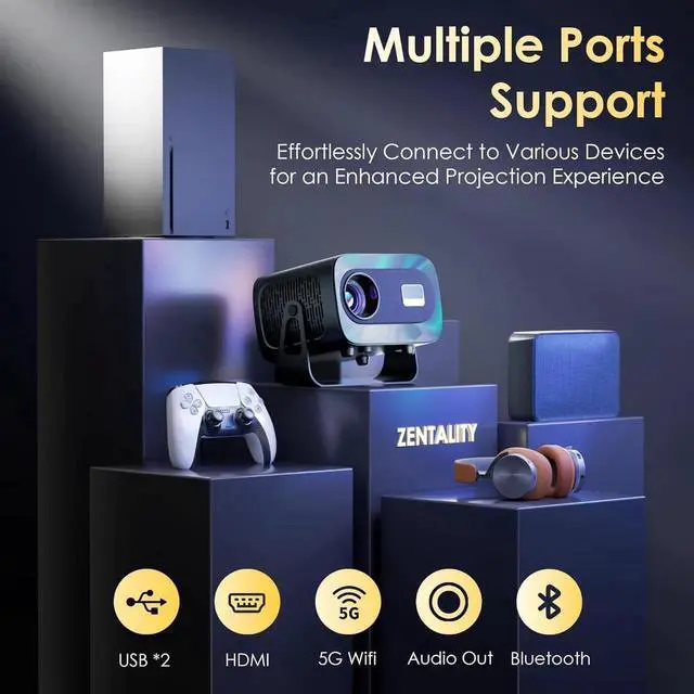 Alt view image 3 of 7 - Projector with WiFi and Bluetooth, Electric Focus & Vertical Keystone, 1080P HD 4K Support, Smart Projector with Built-in Streaming Apps, Portable Projector for Outdoor & Home Movie