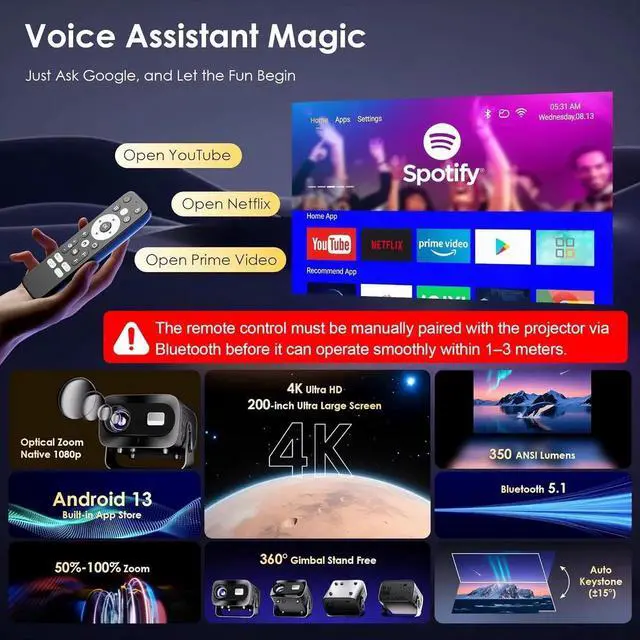 Alt view image 6 of 7 - Projector with WiFi and Bluetooth, Electric Focus & Vertical Keystone, 1080P HD 4K Support, Smart Projector with Built-in Streaming Apps, Portable Projector for Outdoor & Home Movie