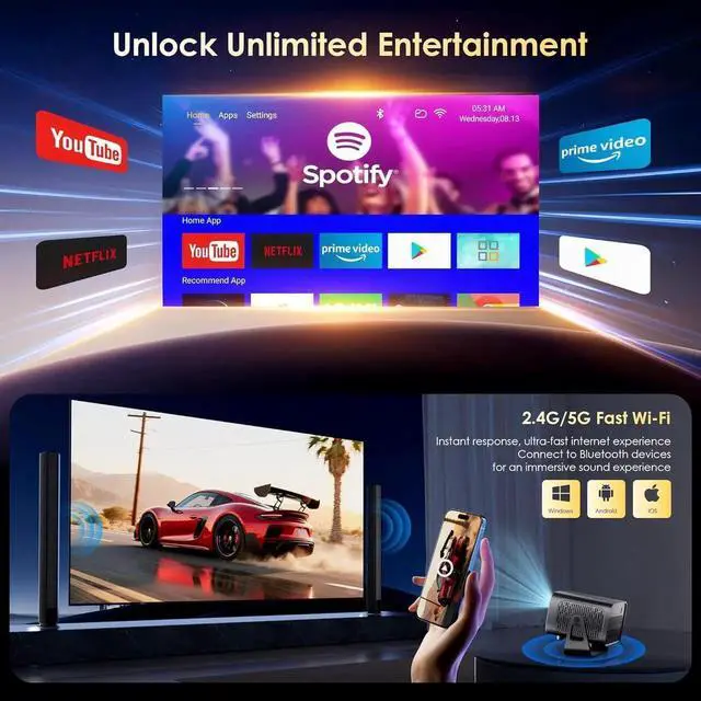 Alt view image 2 of 7 - Projector with WiFi and Bluetooth, Electric Focus & Vertical Keystone, 1080P HD 4K Support, Smart Projector with Built-in Streaming Apps, Portable Projector for Outdoor & Home Movie