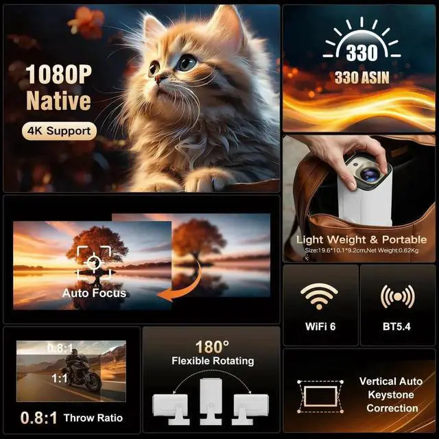 Alt view image 2 of 6 - HY260 Pro Native 1080P Smart Projector ,Support 4K Android 11.0 Movie Projector ,Auto Focus 200 ANSI,Dolby Sound Traveling Projectors