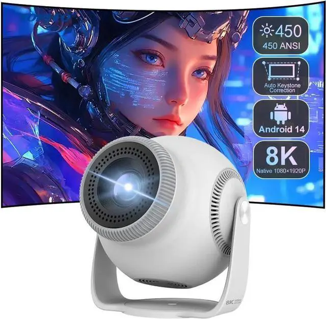 Alt view image 3 of 6 - Video Projector with Allwinner H726, 8K Decoding, 100 Inch Screen, HDR10+, 450 ANSI Lumens, WiFi-6, Bluetooth 5.4, Android 14, 1GB+8GB