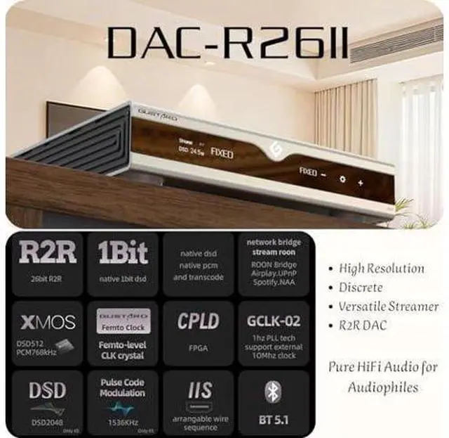 Alt view image 2 of 7 - Gustard DAC-R26 II R2R Streamer DAC, Discrete 26bit Decoder with DSD2048, USB/Opt/Coax/IIS/AES/LAN Input, Fully Balanced Digital-Analog Converter, 10MHz Clock, Home Audio Network DAC, Black