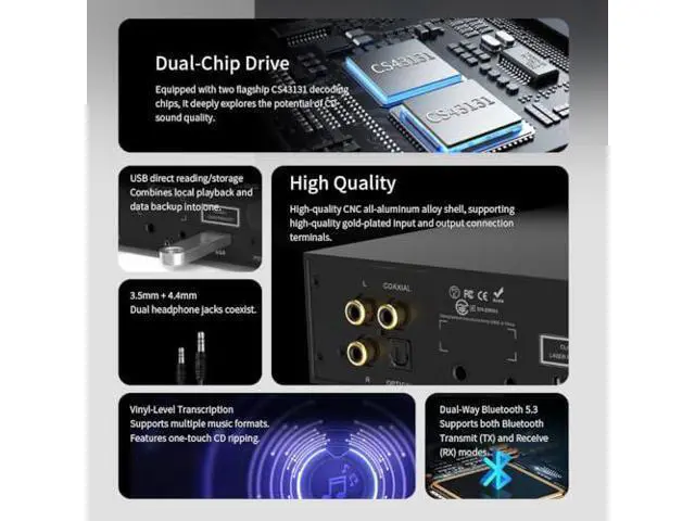 Alt view image 3 of 7 - SMSL PL20 HiFi CD Player for Home, CD Ripper, Bluetooth Car CD Players, 2*CS43131 Chip, USB Drive/Bluetooth Input RCA/BT/3.5mm/4.4mm Balanced/Optical/Coaxial Digital Output, Silver