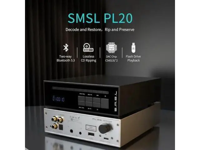 Alt view image 2 of 7 - SMSL PL20 HiFi CD Player for Home, CD Ripper, Bluetooth Car CD Players, 2*CS43131 Chip, USB Drive/Bluetooth Input RCA/BT/3.5mm/4.4mm Balanced/Optical/Coaxial Digital Output, Black