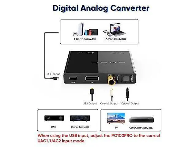 Alt view image 3 of 7 - SMSL PO100 PRO MQA DDC XMOS XU316 Digital to Analog Audio Converter, Type-C USB Input IIS/Optical/Coaxial Output Mini Portable USB Interface for Phone/PS5/Switch/TV