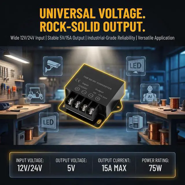 Alt view image 4 of 7 - Mini DC 12V/24V to 5V 15A 75W DC Power Converter Buck Power Module | ABS Shell; Passive Cooling; Quiet Operation; High Efficiency; 100,000-hour lifespan; With Protection Funtion