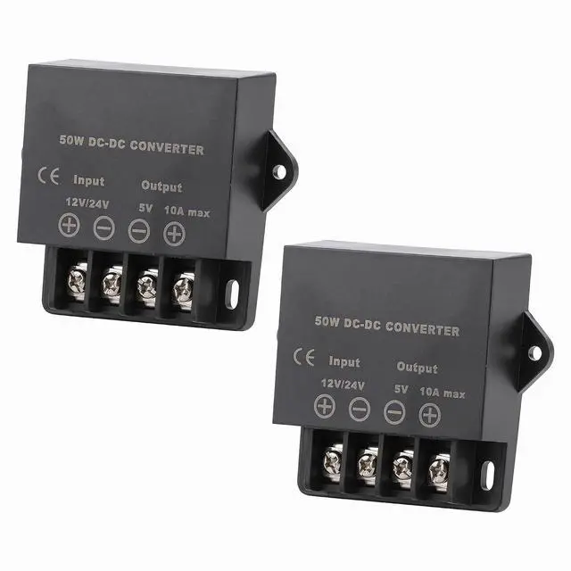 Main image of 2PCS Mini DC 12/24V to 5V 10A/50W Power Converter Buck Power Module for Car | Small Size; ABS Shell; Passive Cooling; Quiet Operation; High Efficiency; 100,000-hour lifespan; Protective