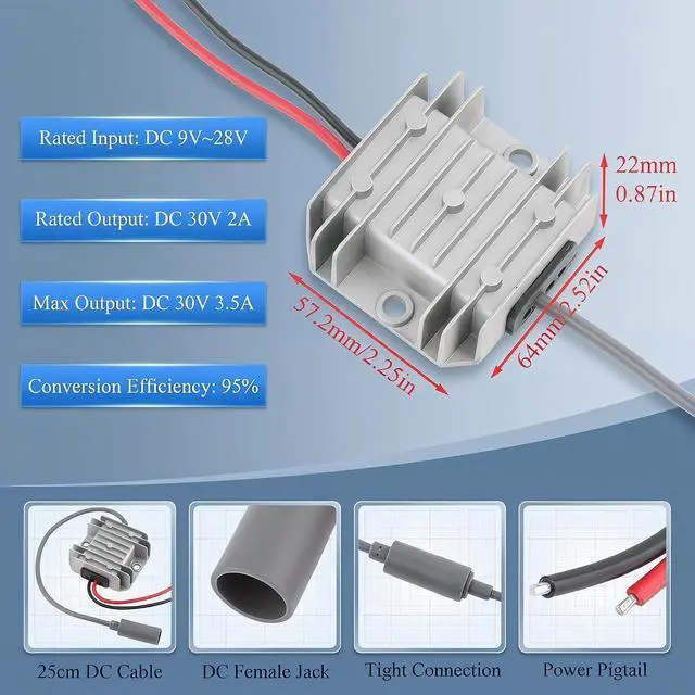 Alt view image 5 of 5 - DC 12V/24V to 30V Power Converter Max 3.5A 105W+10m DC Male to Male Cable | Aluminum Shell; Passive Cooling; High Efficiency; 30,000-hour lifespan; With Protection Funtion; for Starlink MINI