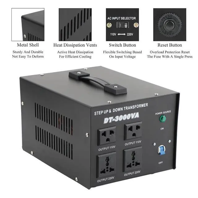 Alt view image 3 of 7 - AC 110V to 220V or 220V to 110V 2000W Transformer Power Converter, Black | Bidirectional 110/220V Conversion; Overload/Short-circuit/Overheat Protection, Efficient Heat Dissipation, Portable Carry