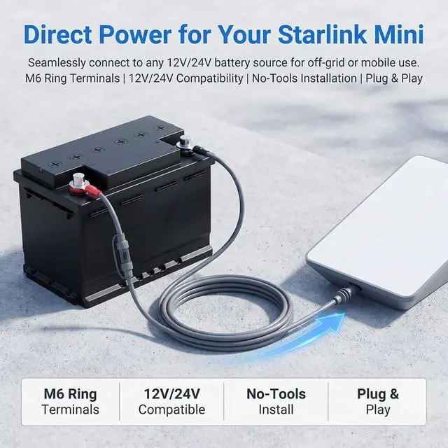 Alt view image 5 of 7 - 16AWG Direct Battery Power Cable 3m/9.84ft for Starlink Mini with Fused | Tinned Copper, 12-48V DC Input, ATO/ATC Fuse, Ring Battery Terminals, Waterproof UV-resistant, For RV, Boat, Off-grid Solar
