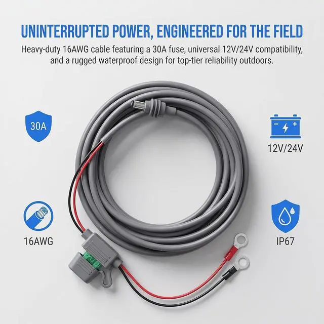 Alt view image 2 of 7 - 16AWG Direct Battery Power Cable 3m/9.84ft for Starlink Mini with Fused | Tinned Copper, 12-48V DC Input, ATO/ATC Fuse, Ring Battery Terminals, Waterproof UV-resistant, For RV, Boat, Off-grid Solar