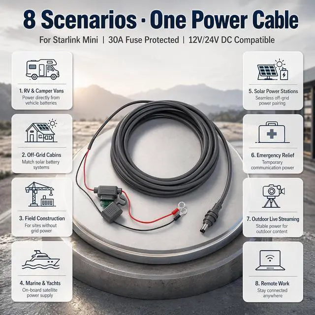 Alt view image 7 of 7 - 16AWG Direct Battery Power Cable 3m/9.84ft for Starlink Mini with Fused | Tinned Copper, 12-48V DC Input, ATO/ATC Fuse, Ring Battery Terminals, Waterproof UV-resistant, For RV, Boat, Off-grid Solar