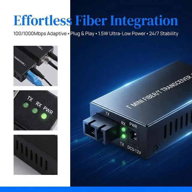 Alt view image 5 of 7 - Gigabit Fiber Optical Media Converter Network Transceiver 100/1000Mbps | MINI; 1.25G; Auto-Negotiation, Single-mode; 20Km Transmission; SC/UPC,SC/APC to RJ45; US Power Adapter