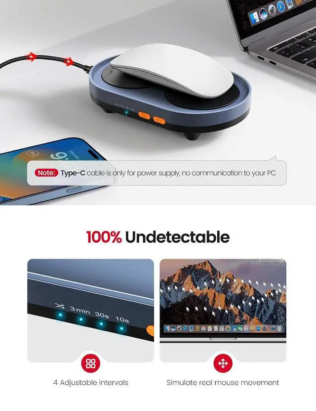 Alt view image 2 of 7 - Dual Turntable Mouse Mover, Turbo 3 Mouse Jiggler with Adjustable Intervals, ON/Off Switch, Undetectable & Noiseless Mouse Shaker Simulate Realistic Mouse Movement for Secure Computer Activity