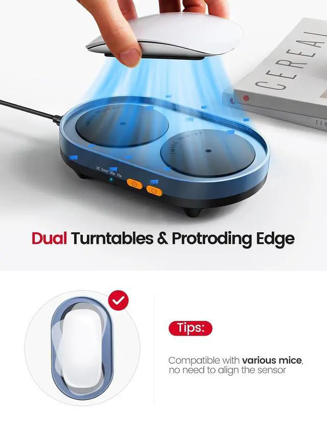 Alt view image 3 of 7 - Dual Turntable Mouse Mover, Turbo 3 Mouse Jiggler with Adjustable Intervals, ON/Off Switch, Undetectable & Noiseless Mouse Shaker Simulate Realistic Mouse Movement for Secure Computer Activity