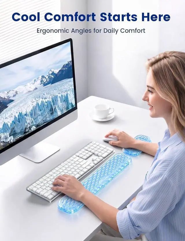 Alt view image 2 of 7 - Gel Wrist Rest Set for Keyboard and Mouse, Ergonomic Wrist Support | Cooling Gel Keyboard and Mouse Wrist Pads with Non-Slip Base for Typing, Gaming, Laptop, Home Office, Glacier Blue