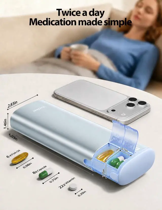 Alt view image 5 of 7 - Metal 7 Day Travel Pill Organizer 2 Times a Day, Built-in Desiccant | AM PM weekly Travel Pill Case, Twice-DailyAirtight Large Capacity Pill Box for Vitamins, Medication, Supplements & Fish Oil