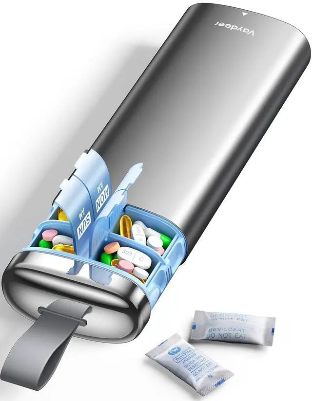 Main image of Metal Pill Organizer 2 Times a Day, AM PM 7 Day with Desiccant | Weekly Travel Pill Case with Pull Handle, Airtight Moisture-Resistant Seal, Pill Box for Medication & Supplements