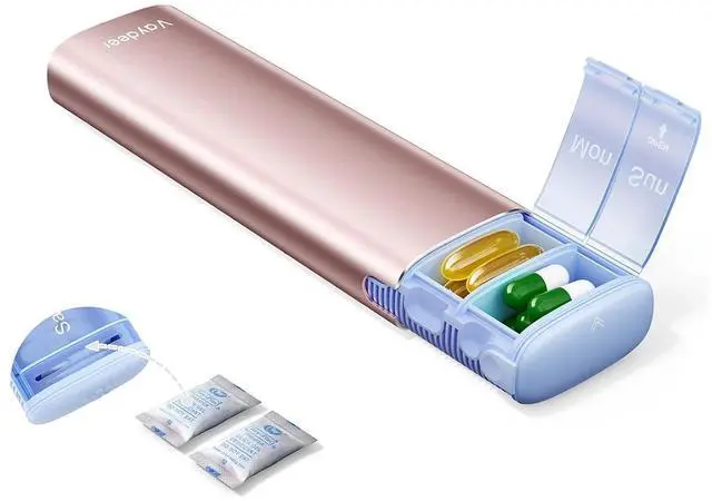Main image of Metal Travel Pill Organizer Compact Weekly Pill Box for Daily Medication Portable Small Pill Case for Vitamins, Pills & Supplements (Rose Gold)