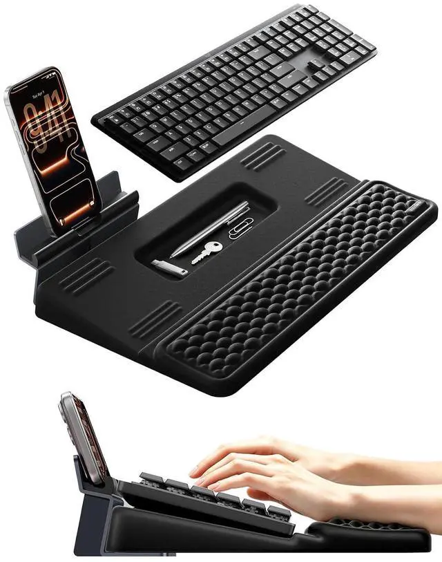 Main image of 4-in-1 Keyboard Wrist Rest, Ergonomic Keyboard Stand with Adjustable Phone Stand, Tilt Computer Pad Typing Support for Desk, Memory Foam Cushion Storage Riser Holder Tray Lift for Office Home