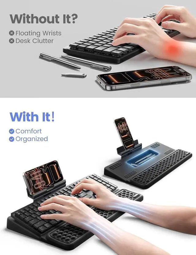 Alt view image 3 of 7 - 4-in-1 Keyboard Wrist Rest, Ergonomic Keyboard Stand with Adjustable Phone Stand, Tilt Computer Pad Typing Support for Desk, Memory Foam Cushion Storage Riser Holder Tray Lift for Office Home