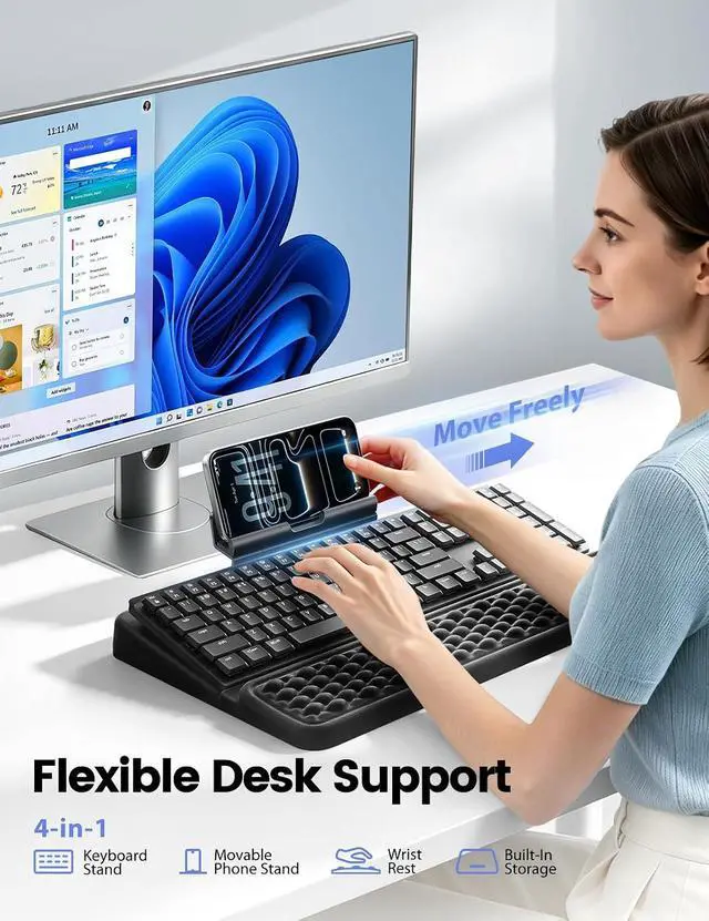 Alt view image 2 of 7 - 4-in-1 Keyboard Wrist Rest, Ergonomic Keyboard Stand with Adjustable Phone Stand, Tilt Computer Pad Typing Support for Desk, Memory Foam Cushion Storage Riser Holder Tray Lift for Office Home