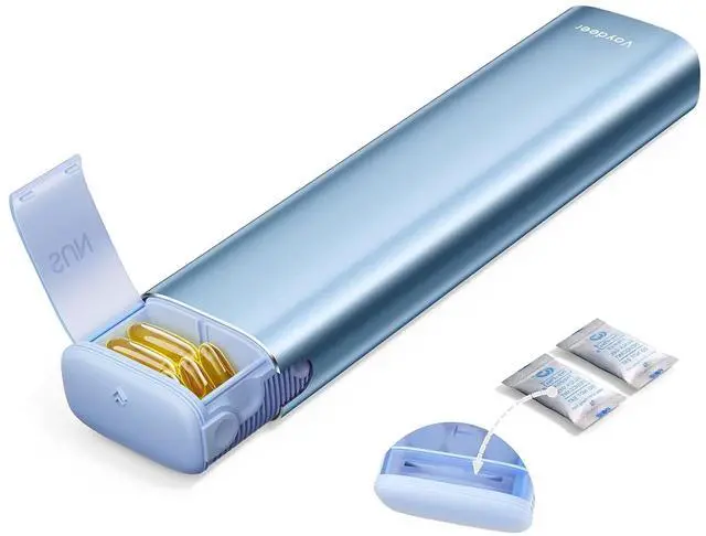 Main image of Metal Weekly Pill Organizer Moisture-Proof Travel Pill Organizer with Built-in Desiccant Chamber and Airtight Lids Large-Capacity Pill Box for Vitamins, Medicines & Supplements (Blue)