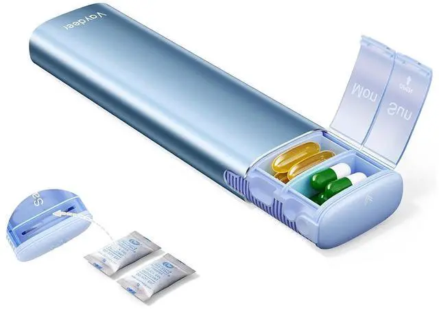 Main image of Metal Travel Pill Organizer Compact Weekly Pill Box for Daily Medication Portable Small Pill Case for Vitamins, Pills & Supplements (Blue)