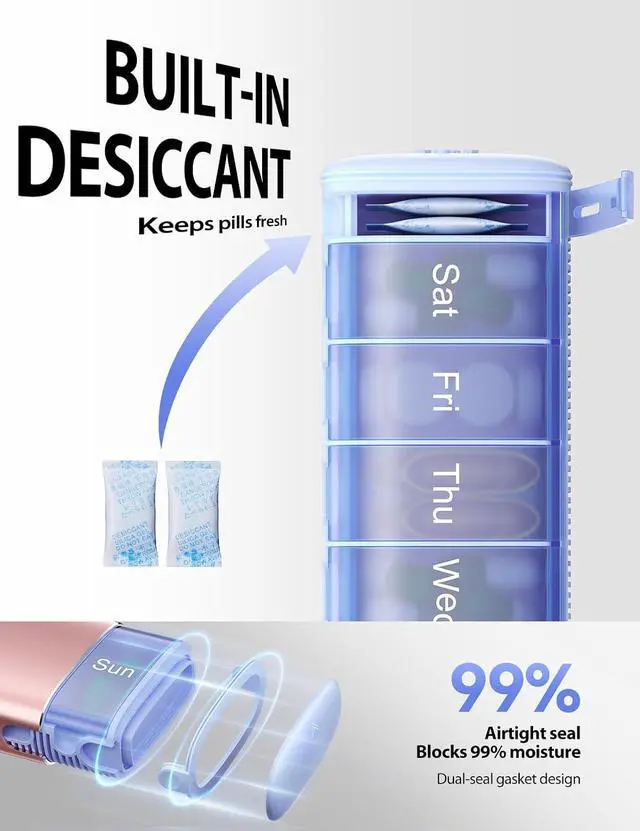 Alt view image 3 of 7 - Metal Travel Pill Organizer Compact Weekly Pill Box for Daily Medication Portable Small Pill Case for Vitamins, Pills & Supplements (Blue)