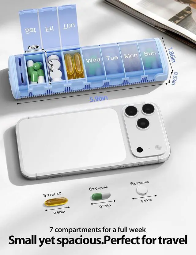 Alt view image 4 of 7 - Metal Travel Pill Organizer Compact Weekly Pill Box for Daily Medication Portable Small Pill Case for Vitamins, Pills & Supplements (Blue)