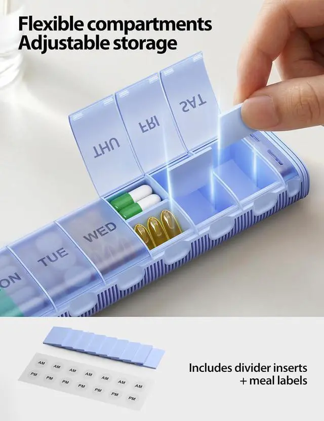 Alt view image 6 of 7 - Metal Weekly Pill Organizer Moisture-Proof Travel Pill Organizer with Built-in Desiccant Chamber and Airtight Lids Large-Capacity Pill Box for Vitamins, Medicines & Supplements (Champagne)