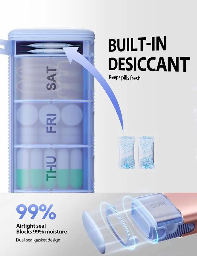 Alt view image 3 of 7 - Metal Weekly Pill Organizer Moisture-Proof Travel Pill Organizer with Built-in Desiccant Chamber and Airtight Lids Large-Capacity Pill Box for Vitamins, Medicines & Supplements (Champagne)
