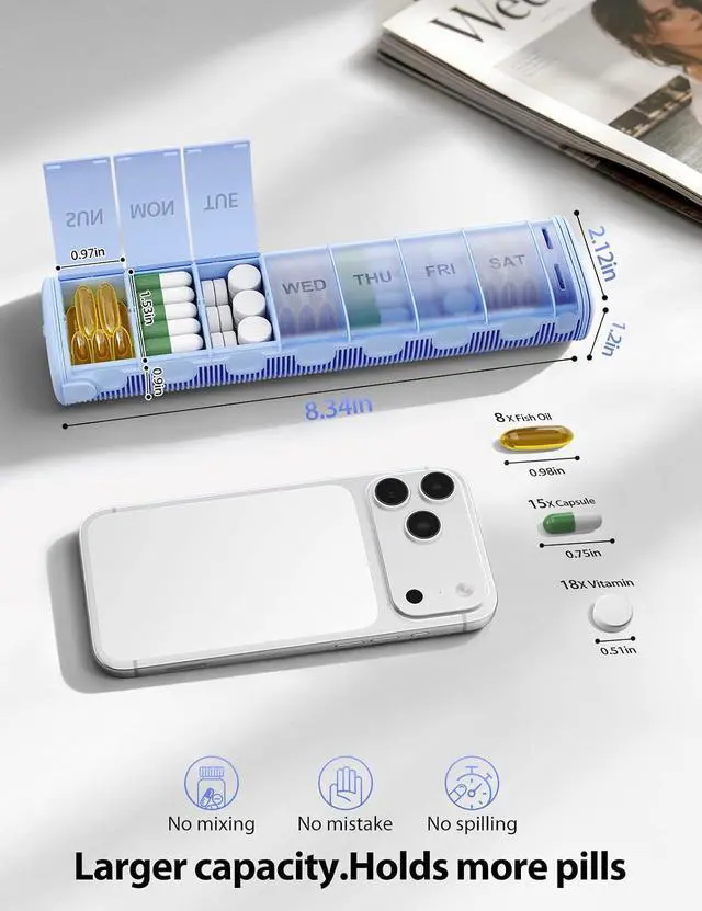 Alt view image 4 of 7 - Metal Weekly Pill Organizer Moisture-Proof Travel Pill Organizer with Built-in Desiccant Chamber and Airtight Lids Large-Capacity Pill Box for Vitamins, Medicines & Supplements (Champagne)