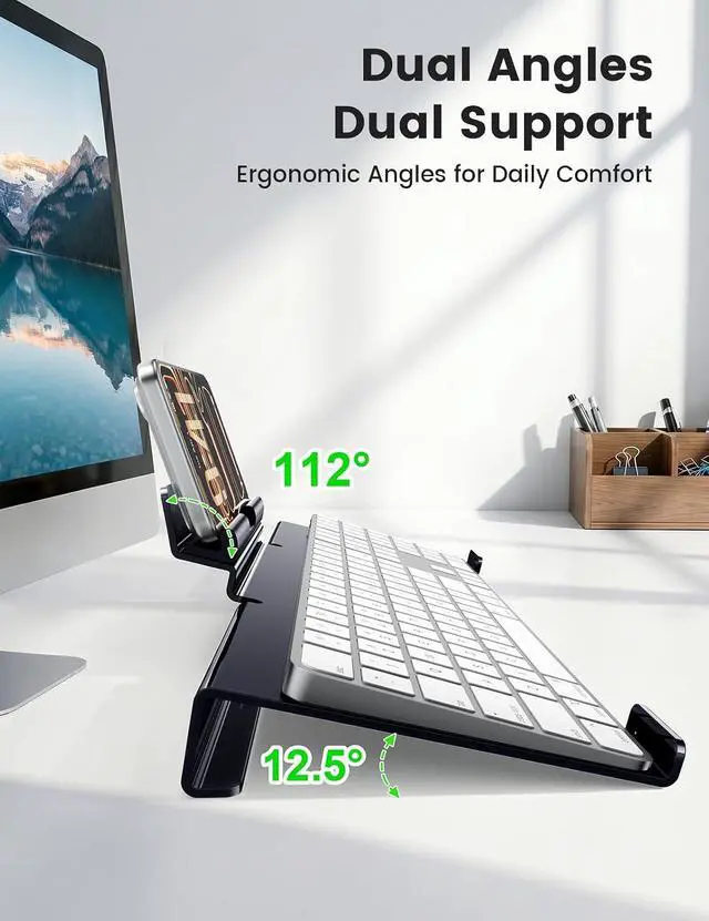 Alt view image 3 of 7 - Keyboard Stand with Phone Stand, Tilted Keyboard and Phone Holder for Desk, Ergonomic Cellphone Riser, Computer Desktop Tray Lift Elevator for Office Typing Home Gaming Acrylic Clear Black