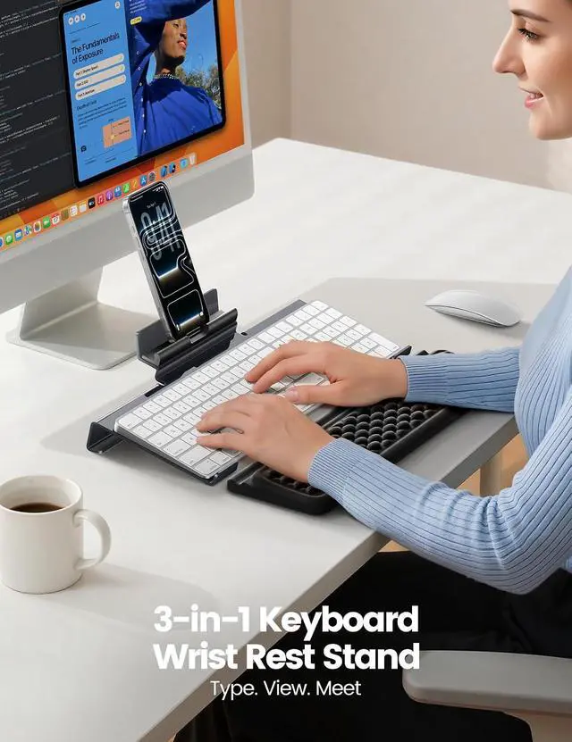 Alt view image 2 of 7 - Wrist Rest with Keyboard Stand and Phone Holder, Keyboard Riser with Wrist Support, Ergonomic Computer Phone Stand Typing Cushion for Desk, Tilted Lifter Tray Set Office Home Gaming Acrylic