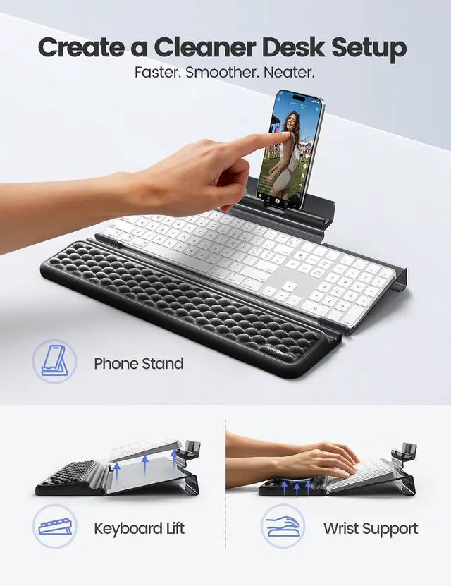 Alt view image 3 of 7 - Wrist Rest with Keyboard Stand and Phone Holder, Keyboard Riser with Wrist Support, Ergonomic Computer Phone Stand Typing Cushion for Desk, Tilted Lifter Tray Set Office Home Gaming Acrylic