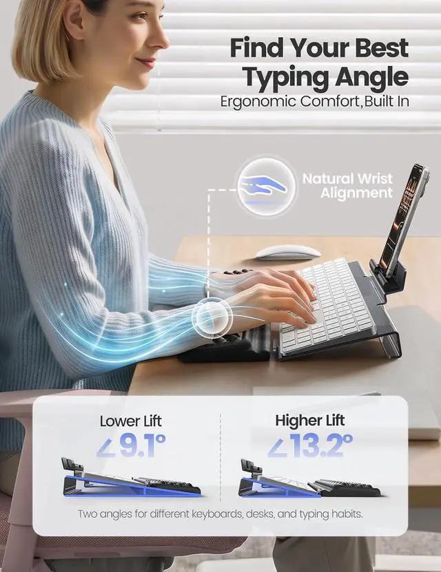 Alt view image 4 of 7 - Wrist Rest with Keyboard Stand and Phone Holder, Keyboard Riser with Wrist Support, Ergonomic Computer Phone Stand Typing Cushion for Desk, Tilted Lifter Tray Set Office Home Gaming Acrylic