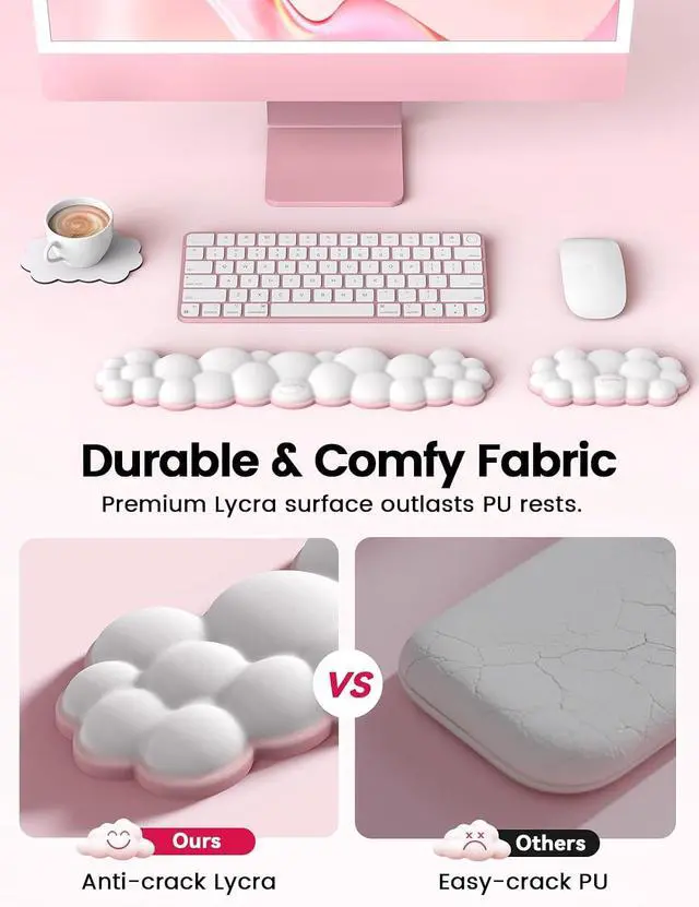 Alt view image 3 of 7 - Cloud Keyboard Wrist Rest Set Ergonomic Memory Foam Wrist Pad for Computer, Laptop & Gaming, Non-Slip Cute Desk Accessories for Office(Keyboard Rest + Mouse Rest + Coaster)