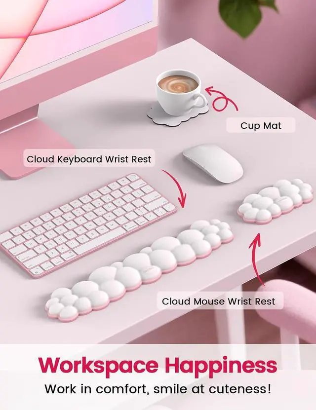 Alt view image 5 of 7 - Cloud Keyboard Wrist Rest Set Ergonomic Memory Foam Wrist Pad for Computer, Laptop & Gaming, Non-Slip Cute Desk Accessories for Office(Keyboard Rest + Mouse Rest + Coaster)