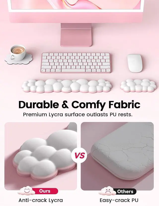 Alt view image 3 of 7 - Cloud Keyboard Wrist Rest Set Ergonomic Memory Foam Wrist Pad for Computer, Laptop & Gaming, Non-Slip Cute Desk Accessories for Office(Keyboard Rest + Mouse Rest + Coaster)