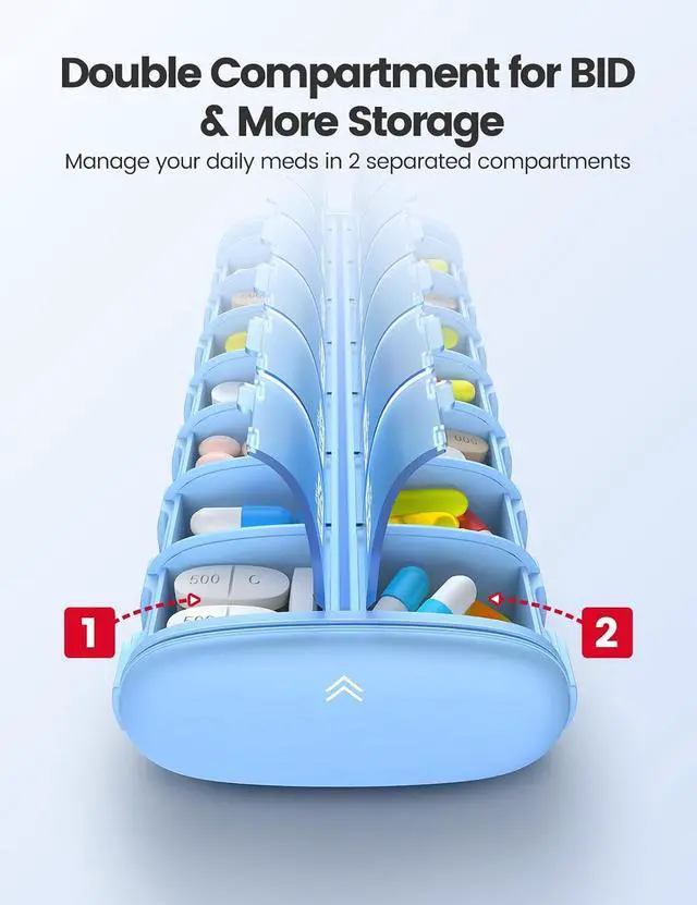 Alt view image 2 of 7 - Metal Pill Organizer Bundle (2-Pack) 7-Day AM/PM 14-Compartment Weekly Pill Box (Silver) + Compact Travel Pill Organizer Without Dividers (Rose Gold), Moisture-Proof Desiccant Chamber