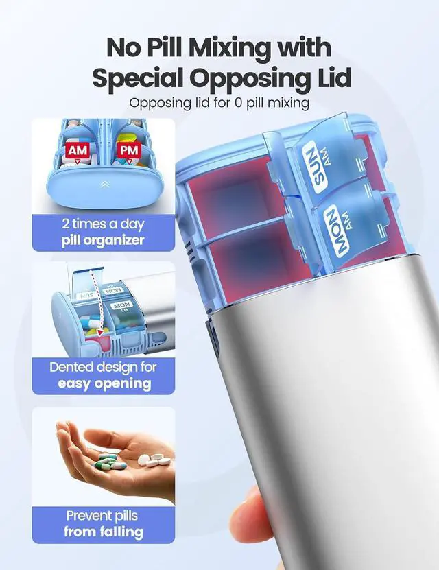 Alt view image 3 of 7 - Metal Pill Organizer Bundle (2-Pack) 7-Day AM/PM 14-Compartment Weekly Pill Box (Silver) + Compact Travel Pill Organizer Without Dividers (Rose Gold), Moisture-Proof Desiccant Chamber