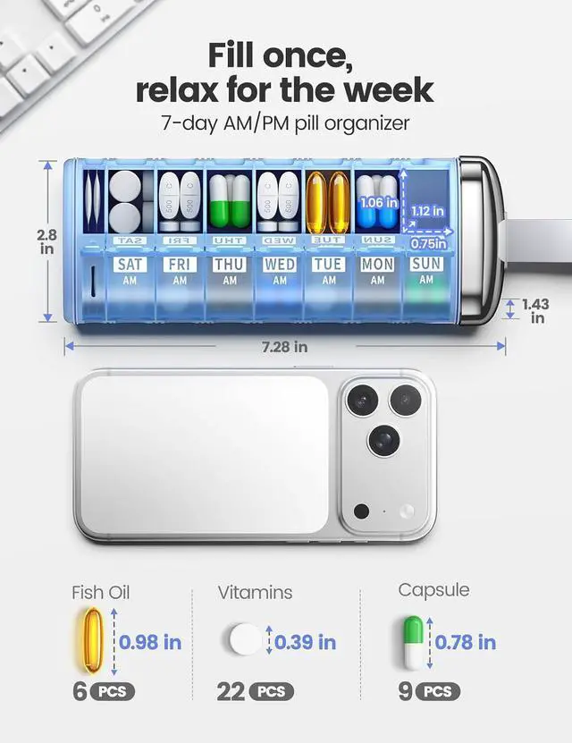 Alt view image 4 of 7 - Metal Pill Organizer 2 Times a Day, AM PM 7 Day with Desiccant | Weekly Travel Pill Case with Pull Handle, Airtight Moisture-Resistant Seal, Pill Box for Medication & Supplements