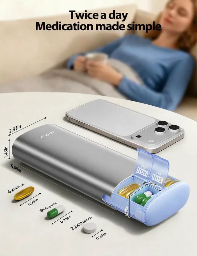 Alt view image 5 of 7 - Metal 7 Day Travel Pill Organizer 2 Times a Day, Built-in Desiccant | AM PM weekly Travel Pill Case, Twice-DailyAirtight Large Capacity Pill Box for Vitamins, Medication, Supplements & Fish Oil
