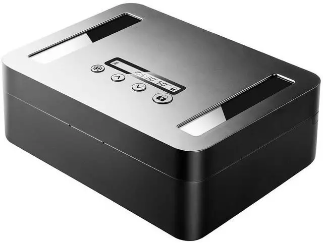 Main image of Metal Timed Lock Box for Phones, No-Override Timer, Child Lock, LED | Black port-free enclosure with up to 365-day settings, USB-C or 4 AA battery power and an emergency unlock option