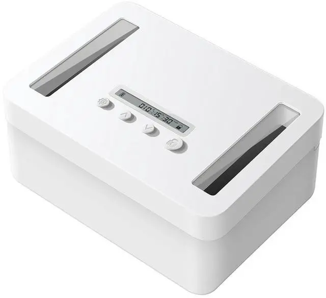 Main image of Metal Timed Lock Box for Phones, No-Override Timer, Child Lock, LED | White port-free enclosure with up to 365-day settings, USB-C or 4 AA battery power and an emergency unlock option