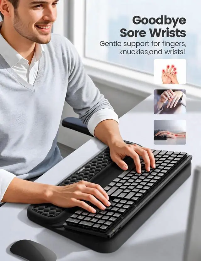 Alt view image 2 of 7 - Wrist Rest with Keyboard Stand, Computer Wrist Support Pad, Ergonomic Keyboard Riser Holder Lift Tray with Wrist Pad, Soft Memory Foam Desk Cushion, Palm Hand Typing for Office Home Gift-Black