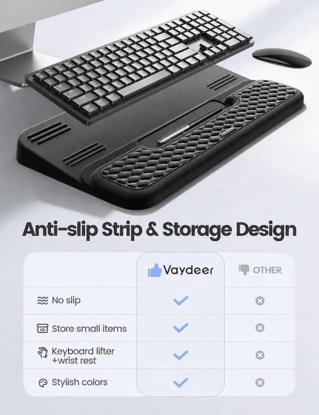 Alt view image 3 of 7 - Wrist Rest with Keyboard Stand, Computer Wrist Support Pad, Ergonomic Keyboard Riser Holder Lift Tray with Wrist Pad, Soft Memory Foam Desk Cushion, Palm Hand Typing for Office Home Gift-Black