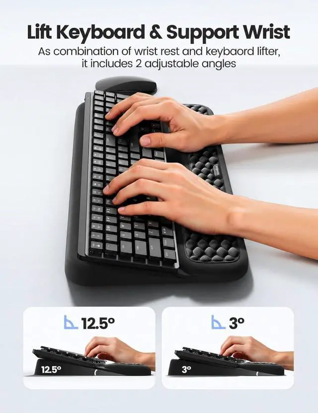 Alt view image 6 of 7 - Wrist Rest with Keyboard Stand, Computer Wrist Support Pad, Ergonomic Keyboard Riser Holder Lift Tray with Wrist Pad, Soft Memory Foam Desk Cushion, Palm Hand Typing for Office Home Gift-Black
