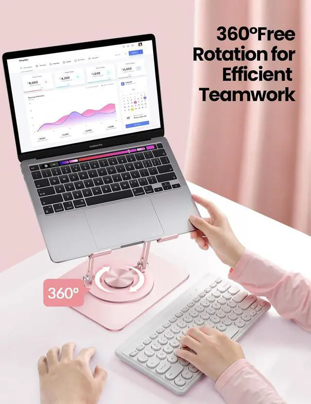 Alt view image 3 of 5 - Adjustable Laptop Stand for Desk,Computer Stand Riser with 360° Free Rotation Base and Foldable Design Ergonomic Laptop Riser Fits for MacBook,Dell, HP and More 10-15.6 Laptops (Pink)